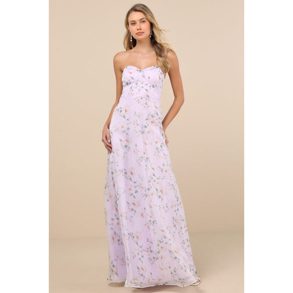 Lulus Chic Preciousness Lavender Floral Organza Bustier Maxi Dress Purple